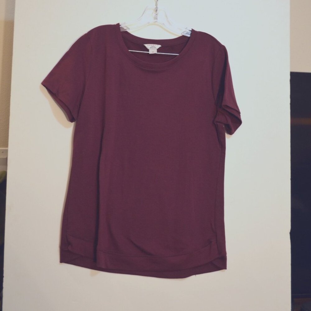 DANSKIN Dark-Red Soft Stretchy Polyester-Spandex-Rayon T-Shirt Women's M